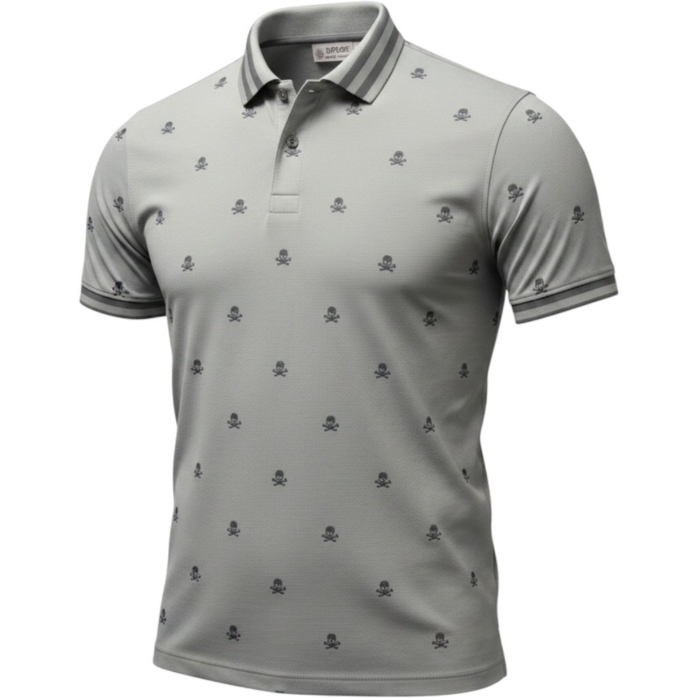 G/FORE Polo Shirt Mens Large Grey Excellent Skull Print Pink Skull Golf Stretch